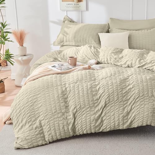 Image of HYMOKEGE Light Linen Full Size Comforter Sets Seersucker 7 Pieces, All Season Luxury Bed in a Bag for Bedroom, Bedding Set with Comforter, Sheets, Pillowcases & Shams