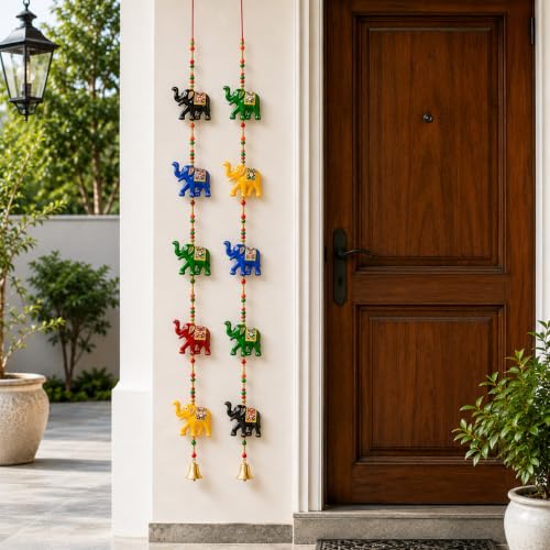 Image of Bindian Handcrafted Rajasthani Wind Chime with Bells, Multicolour, 72x23 cm, Traditional Wall Hanging for Home, Garden & Balcony (Elephant-Multicolor Pack of 2)