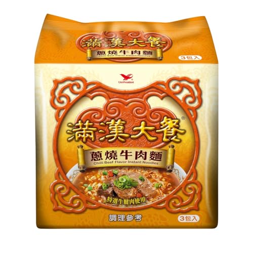 《統一》 滿漢大餐 青ネギ牛肉麺 蔥燒牛肉袋麵(187g*3包) ｜葱香と麻辣スープ｜もちもち細麺＆肉塊入り｜湯戻し・鍋調理OK｜台湾 お土産｜ [並行輸入品]のサムネイル