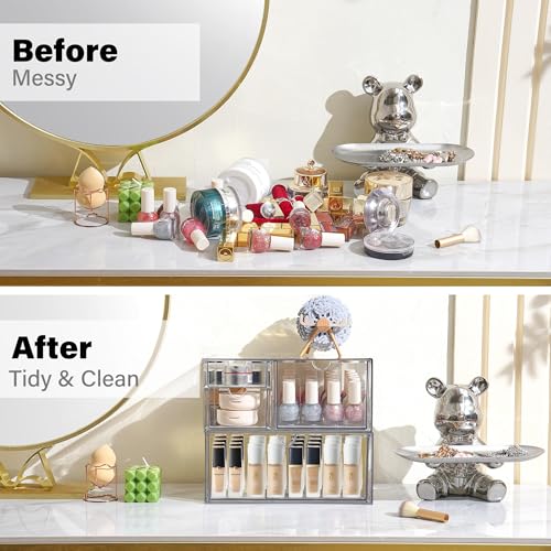 Prsildan Acrylic Drawer Makeup Organizer with 4 Drawers, Set of 2 Office Desk Organizers Accessories, Clear Stackable Storage Drawers for Vanity, Countertop, Craft, Jewelry, Art Supply Organization - Image 5