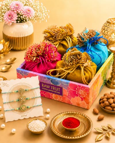 Image of Hyperfoods Rakhi Set for Brother Rakhi Gift Hamper for Brother with Pooja Thali Roli Chawal Rakhi Hamper for Brother RawFruit Bouquet Bloom Dry Fruit Gift Box 495g