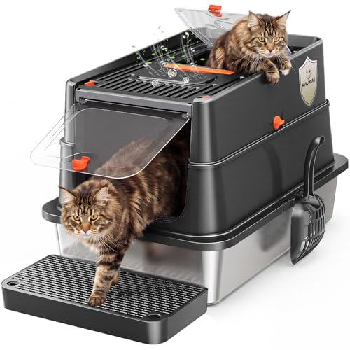 Extra Large Stainless Steel Cat Litter Box with Full Flip Top Lid High Sided Enclosed Metal Cat Litter Pan Front Entry Top Exit Odor Control Easy Clean Leak Proof Includes Scoop & Step Black