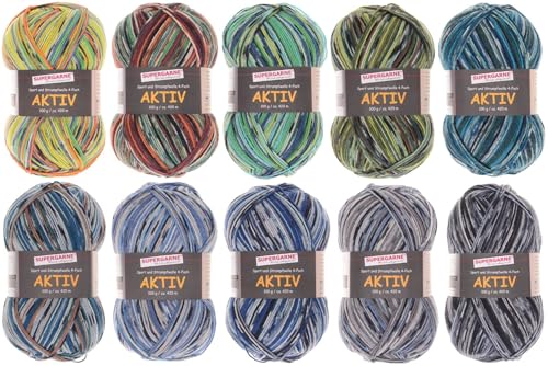 SUPERGARNE Sockenwolle Aktiv 4-fädig – 1000 g (10x100g), Strapazierfähig, Maschinenwaschbar, Made in EU, Ideal für Socken und Strickprojekt (4HIM)