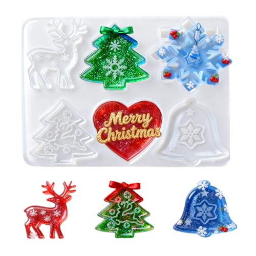 Christmas Resin Molds Christmas Silicone Mold for Epoxy Resin 6 Designs Ornament Mold with Xmas Tree Snowflakes Reindeer Bells Heart Pattern for DIY Craft Keychains Xmas Gift Holiday Decoration 2 In