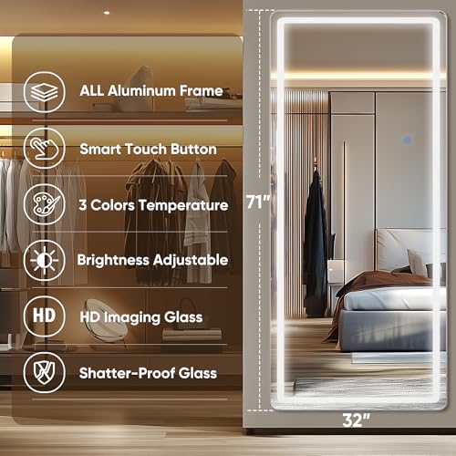 Antok LED Full Length Mirror, 71" x 32" Lighted Floor Standing Mirror with Stand for Bedroom (Rectangular)