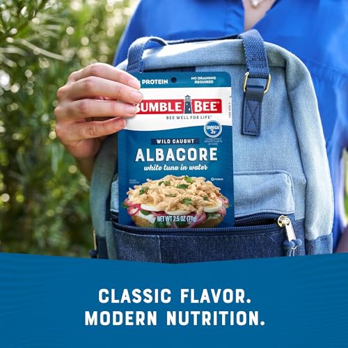 Image of Bumble Bee Solid White Albacore Tuna in Water, 2.5 oz Pouch - Wild Caught Tuna - 16g Protein per Serving, High in Omega-3s - Non-GMO, Gluten Free, Kosher - No Draining Required (Pack of 6)