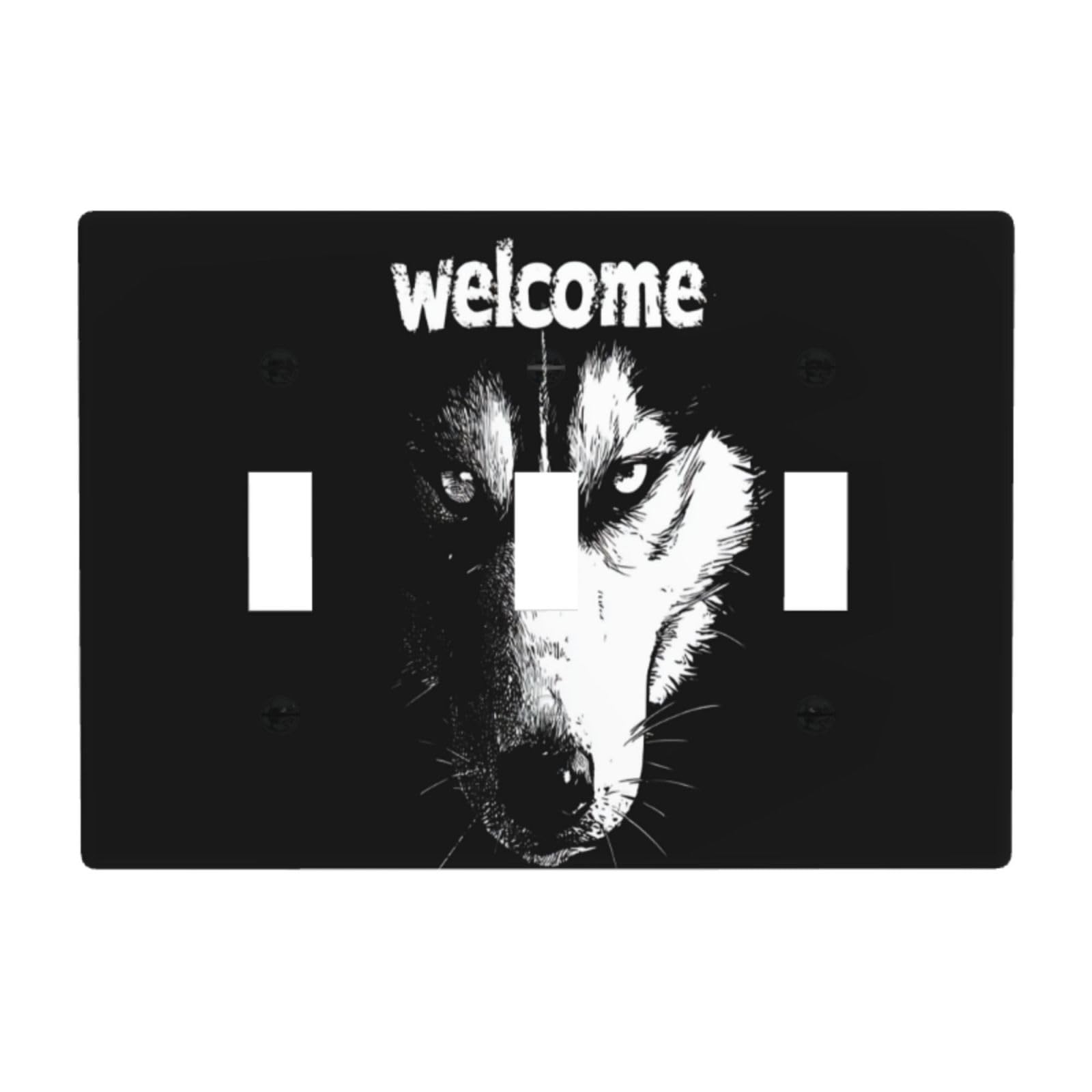 Cute Husky Face with Text Welcome Light Switch Covers 3 Gang Triple Toggle Wall Plate Switchplate Electrical Faceplate for Bathroom Kitchen Bedroom Decor
