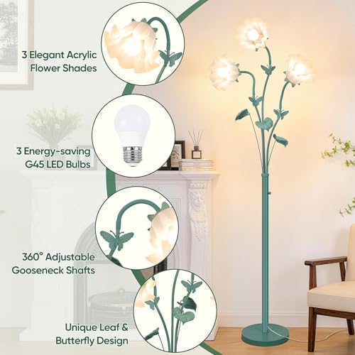 Image of TOBUSA Vintage Flower Floor Lamp for Living Room, 75'' Tall Flower Standing Lamp with Gooseneck, 3-Head Green Floral Lamp with 3 LED Bulbs, Unique Aesthetic Corner Lamp for Bedroom Office Home Decor