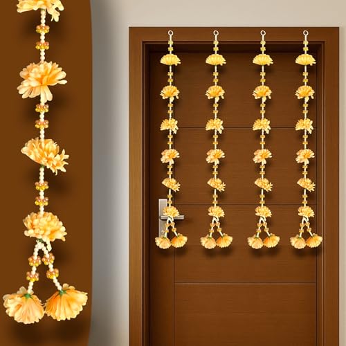 Image of Rajasthan Kraft Set of 4 Yellow Floral Strings (39 Inch) ? Artificial Flower & Crystal Bead Hangings for Home, Balcony & Festive Decor ? Traditional Indian Latkan for Housewarming, Pooja & Weddings