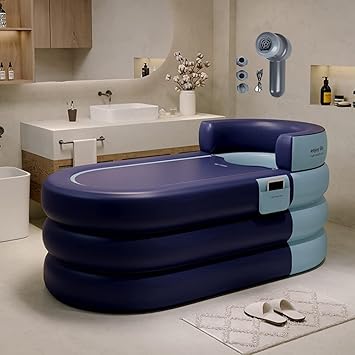 Foldable Portable Soaking Inflatable Bathtub with Electric Air Pump,Eco-Friendly Bathing Tub for Shower Stall,One-piece Bath Cover Design with Zipper, Keep Temperature Long Time Knight Blue