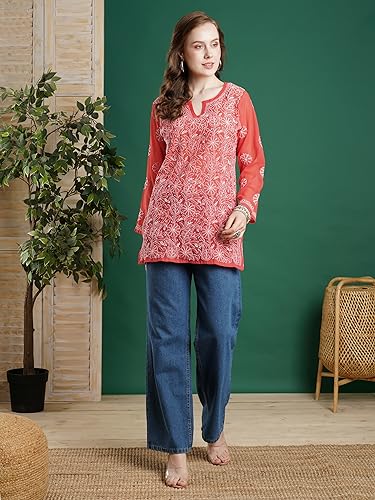 Image of Ada Women's Georgette Regular Fit Chikankari Hand Embroidered Lucknow Short Kurti Top A911224