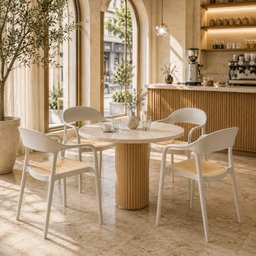 Image of Rattan Style Outdoor Chair | Set of 4 Grey Plastic Arm Chair for Garden, Balcony, Patio & Cafe | Lightweight Weather Resistant Seating | 3 Year Manufacturing Warranty