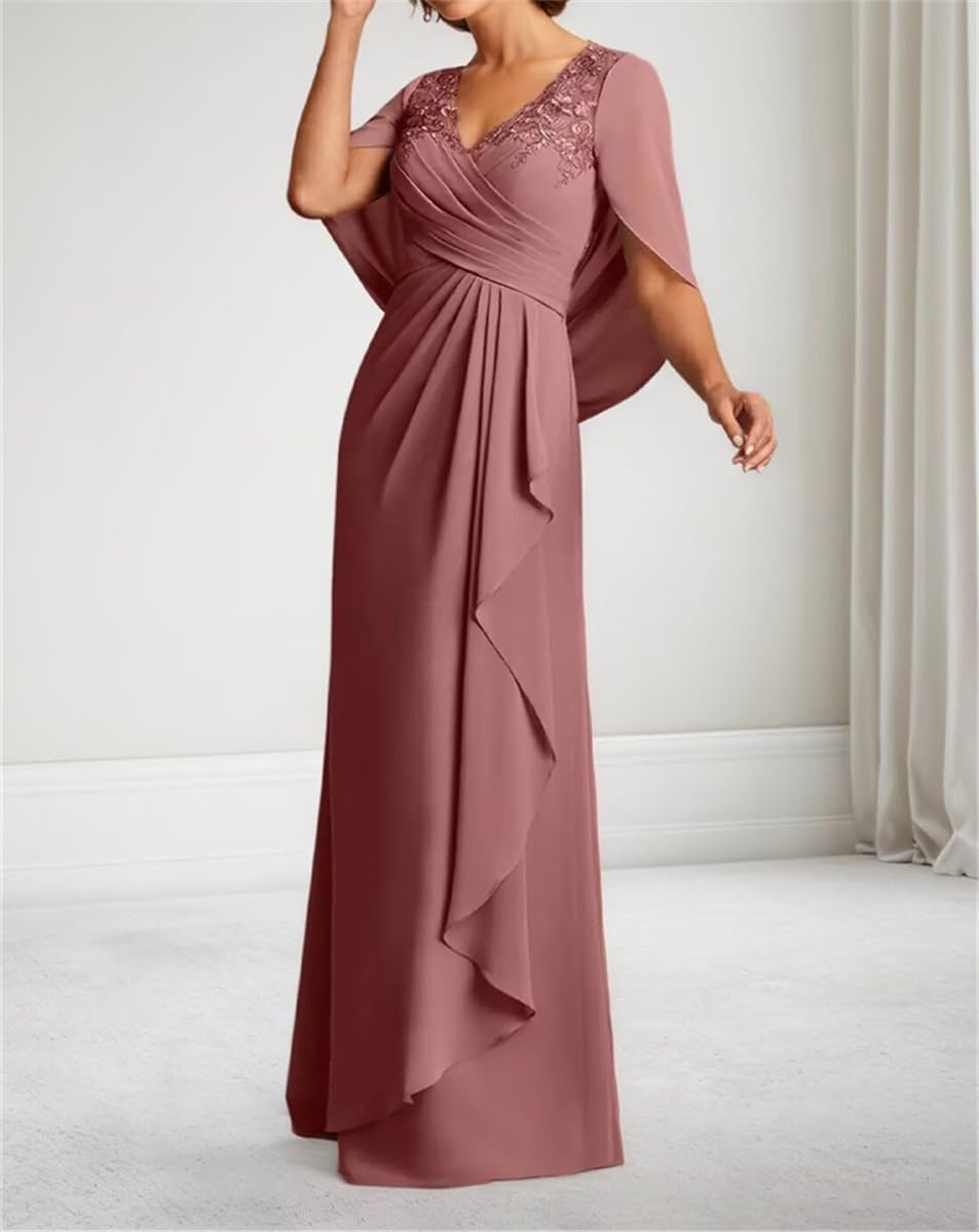 Vestido con mangas de capa para madre de la novia, con apliques de encaje, de gasa, plisados, para fiesta de cóctel