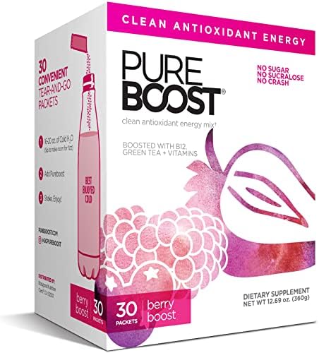 Pureboost Clean Energy Drink Mix + Immune System Support. Sugar-Free Energy with B12, Multivitamins, Antioxidants, Electrolytes (Berry Boost, 30 Count)