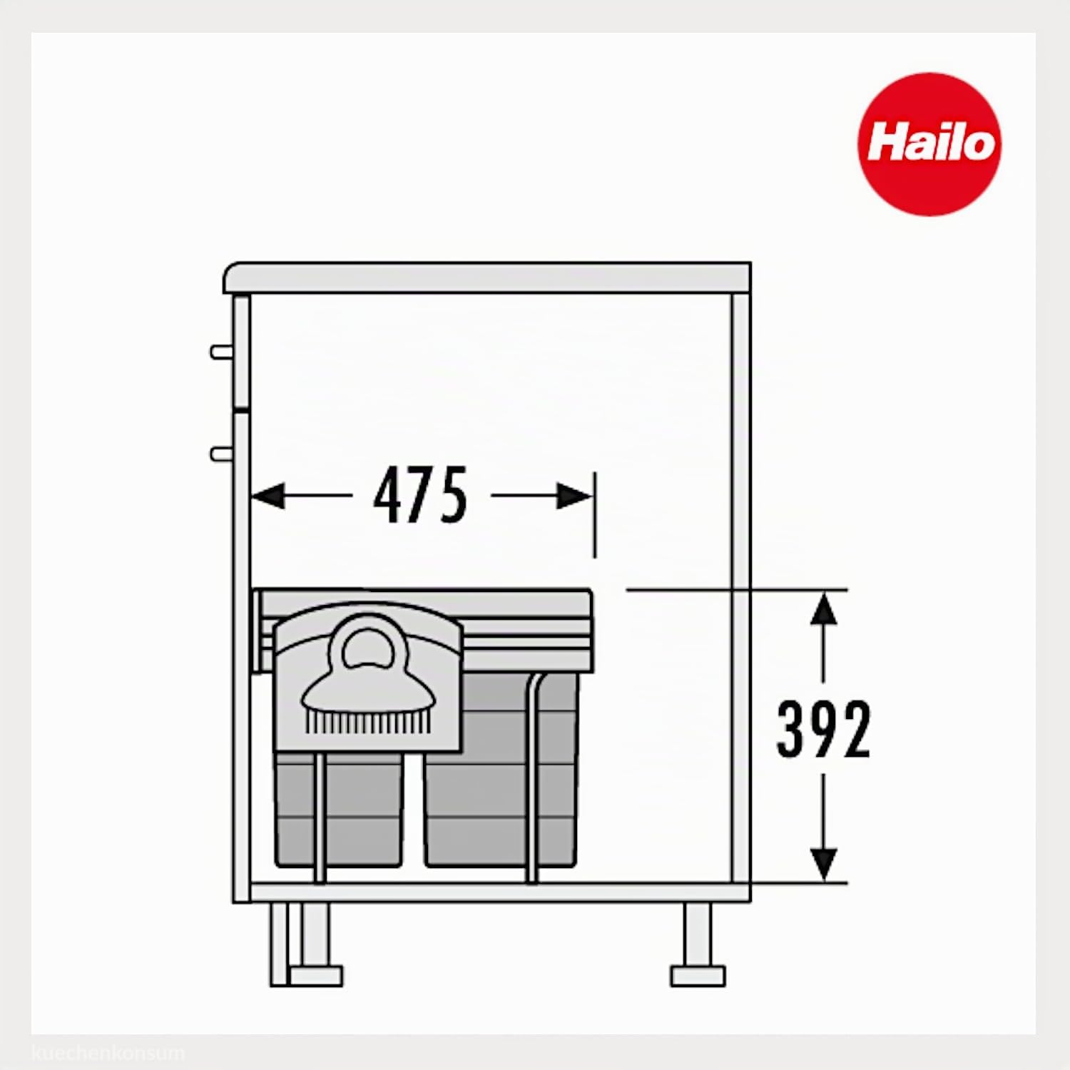 Hailo Abfallsammler 3641221 | TR Swing Raumspar-Tandem-H | Einbaumülleimer 2x 20 Liter | Abfalltrennsystem ab 40er Unterschrank | Vollauszug per Hand | Platzsparender Mülleimer für die Küche
