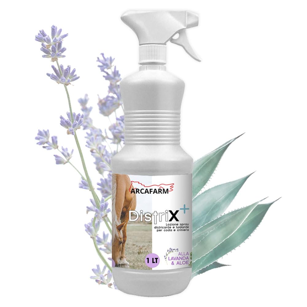 Spray Districante Naturale per Cavalli 1 lt Lavanda e Aloe, Distrix Lucidante Coda Criniera Manto morbido lucido, Detergente Pulizia Pelo rimuovi sporco, lozione a secco per nodi - 100% Made in Italy