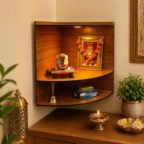 Image of Zesta Wooden Mandir for Home Big Size | DIY Pooja Mandir with LED Spot Light | Devghar Cabinet for Living Room or Office | Wall Mounted Pooja Unit for Home (Mandir for Corner)