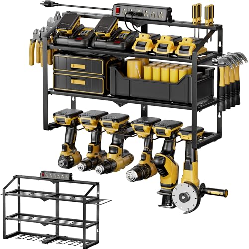 Spampur Heavy Duty Power Tool Organizer Wall Mount, 3 Layers Storage Rack with 6 Cordless Drill Holders, Garage Tool Organizer Storage for Workshop Shed, Charging Station Shelf, Father/Men Gifts