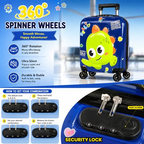 Image of Storite 18In Kids Luggage Trolley Hard Shell Cabin Suitcase | Cartoon Dinosaur Design Suitcase Ideal For School Trips Vacations Holidays And Weekend Travel (Navy Blue - 35 x 23 x 38 Cm)