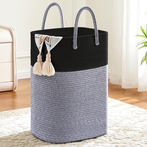 Image of Laundry Basket,Woven Cotton Rope Laundry Hamper,Versatile Storage for Dirty Clothes,Baby Toys,and Blankets in Bathroom, Nursery,and Living Room (Black, 60L)