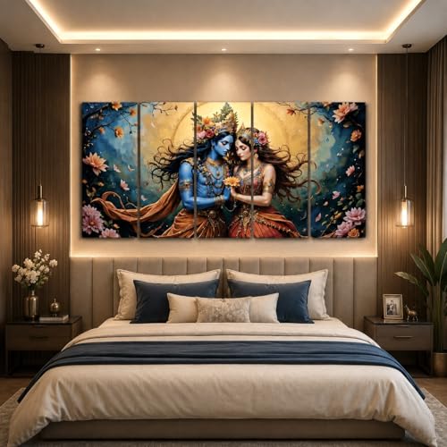 Image of RAVLEX Radha Krishna Wall Painting Wooden Framed UV Printed Wall Art for Living Room Bedroom Home Decor, 5 Panel Religious Wall Frame for Office Hotel Drawing Room, 24x48 Inch