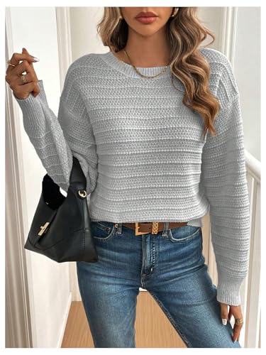 Image of MakeMeChic Women's Bow Sweater Tie Back Long Sleeve Crew Neck Knitted Sweater Pullover Tops Grey Small