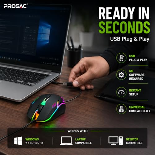 Image of PROSAC Ergonomic RGB Wired Mouse | 3-Button Optical Gaming Mouse | USB Plug & Play for Windows PC, Laptop, Mac & Desktop