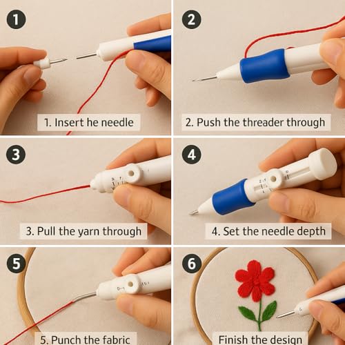Image of SD Decor Embroidery Kit for Beginners - Complete Punch Needle Set for Embroidery with 3 Needle Sizes, Ergonomic Pen, Adjustable Depths & Threader (White)