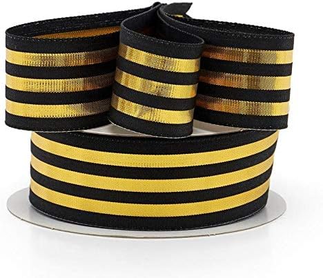 1 1/2" X 25 Yds Black W/Gold Stripes Ribbon