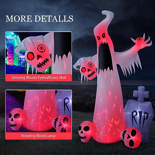 12 FT Halloween Inflatables Outdoor Halloween Blow Up Yard Decorations Horror White Ghost with 3 Skull Heads Bleeding Eyeball Tombstone Halloween Decorations Clearance for Party Yard Garden2