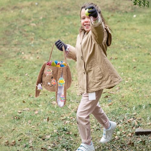 Image of Easter Bunny Basket for Kids, Cute Plush Big Ear Easter Basket with 50PCS Easter Stickers Pack for Boys Girls Easter Gifts for Egg Hunting Basket (Brown)
