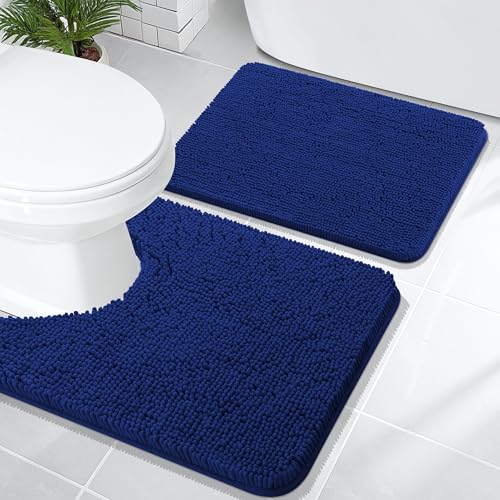 Image of OLANLY Bathroom Rugs Sets 2 Piece, Soft Absorbent Chenille Bath Mats and U-Shaped Contour Toilet Mat Area Rug Set, Machine Washable Bath Carpet, Home Decor Accessories(24 inchx16 inch+24 inchx20 inch, Navy)