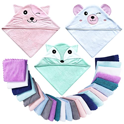 Lovely Care 3 Pack Baby Hooded Bath Towel with 24 Count Washcloth Sets for Newborns Infants & Toddlers, Boys & Girls - Baby Registry Search Essentials Item - Cat, Bear, Fox