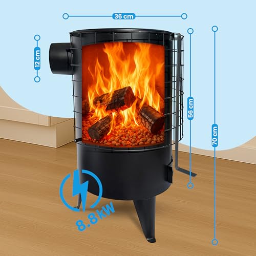 Estufa De Leña Redonda, Estufa Pellets con Potencia 8.8 KW Para Calentar Superficie De 50 M², Estufas de Leña Grande, Chimeneas de Leña y Carbon, Estufa Leña Interior, Estufa Leña Negro - Baño Moderno - imagen 3