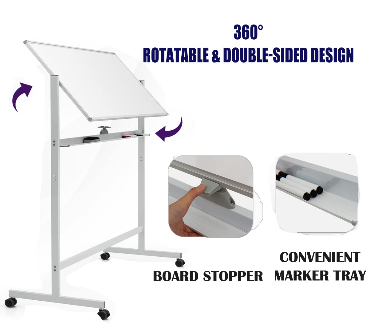 LIFEZEAL Dwustronna tablica suchościeralna, 120 x 60 cm, z regulacją wysokości, tablica magnetyczna z 6 długopisami i blokowanymi rolkami, tablica magnetyczna do biura i szkoły, stojak na tablicę magnetyczną (biała)