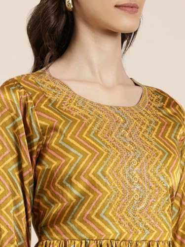 Image of SHOWOFFFF Women Printed Three-Piece A-Line Ethnic Kurta Set | Round Neck 3 /4th Sleeves Satin Kurta Set's for Womens | Mid-Rise Lime Regular Fit Calf Length Kurta Set for Women's