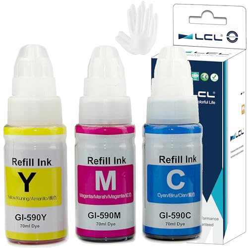 LCL GI 490 GI 590 GI 590BK GI 590C GI 590M GI 590Y (3Pack, CMY Dye 70ML) Botella de Tinta Compatible para Canon Pixma G1400 G1410 G2400 G2410 G3400 G4400 G4411 G1500 G1510 G2500 G2510 G3500 G3510