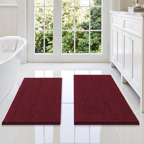 Image of Smiry Bathroom Rugs Sets 2 Piece, Soft Absorbent Chenille Machine Washable Non Slip Shaggy Bath Rug Set for Tub, Shower, and Floor (34x21+30x20, Burgundy)