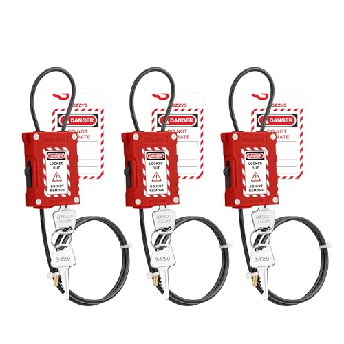 Image of Lockout Tagout Cable Locks with 2 Keys | OSHA Compliant Adjustable 0.16 inchx31.5 inch PVC Steel Cable | for Valves, Panels & Machinery | Nylon PA66 Loto Padlock with Tags | 3 Pack
