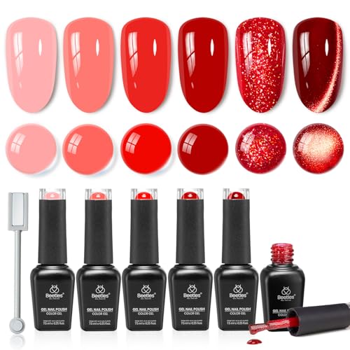 Image of Beetles Red Gel Nail Polish Set, Neon Flame Summer Shimmer Gel Polish, 6 Colors Coral Pink Cherry Red Burgundy Iridescent Gel Nail, Soak Off Uv DIY Manicure Set Gift for Women