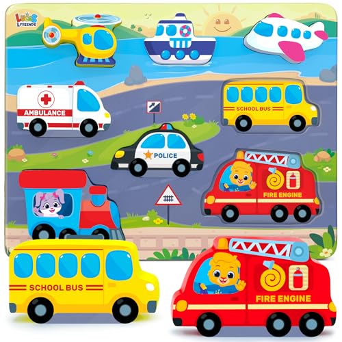 Jumbo Wooden Puzzles, Vehicle Puzzles Toys for Toddlers 2-4, Learning Educational Toys for Toddler 2 3 4 Years Old Boys & Girls As Gifts, Montessori Puzzle Board for Baby and Kids by Lucas & Friends