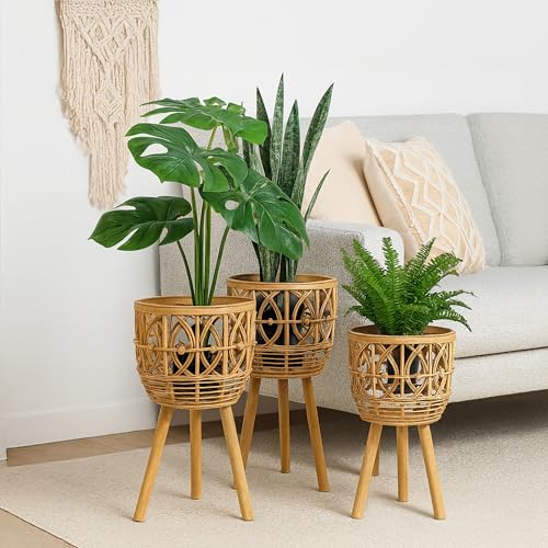 Set of 3 Wooden Decorative Planter Pot with Stand – Handcrafted Bamboo & Plywood Outdoor & Indoor Plant Pot – Boho Garden & Home Decor Planters – 20