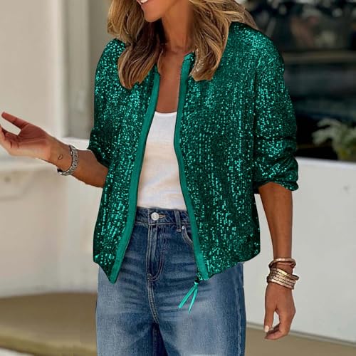 Women Sequin Jacket Coats Sparkly Tops Glitter Long Sleeve Front Zip Lightweight Casual Blazer Bomber Jackets Pockets2