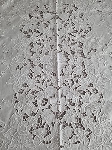 Generico Museale Copriletto in puro lino 100% con ricamo Intaglio e punto pieno a mano