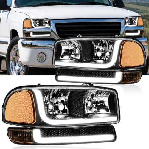 DimFlux fit1999-2006 GMC Sierra 1500 2500 3500 Headlights w/Dual LED DRL for Yukon XL 1500 2500 NO Denali Trim Models Black Housing Amber Reflector
