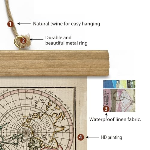 Xiaoaika Vintage World Map Print On Cloth With Wooden Hanger - Antique Hemisphere Wall Hanging Decor thumb #2