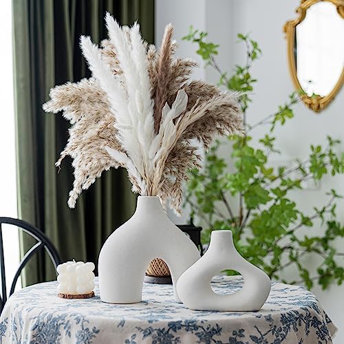 White Ceramic Vase Set of 2 - Room Decor for Home, Bedroom, Living Room, Farmhouse, Boho & Aesthetic Room Decor, Shelf Decor, Flower Vase, Mid Century Modern Decor (White)