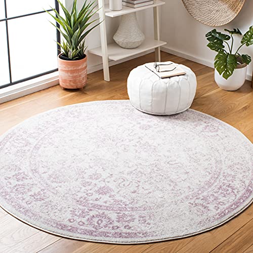 Image of SAFAVIEH Adirondack Collection Area Rug - 4' Round, Ivory & Lavender, Distressed Vintage Floral Design, Non-Shedding & Easy to Clean, Ideal for Living Room, Bedroom, Dining Space (ADR109U)