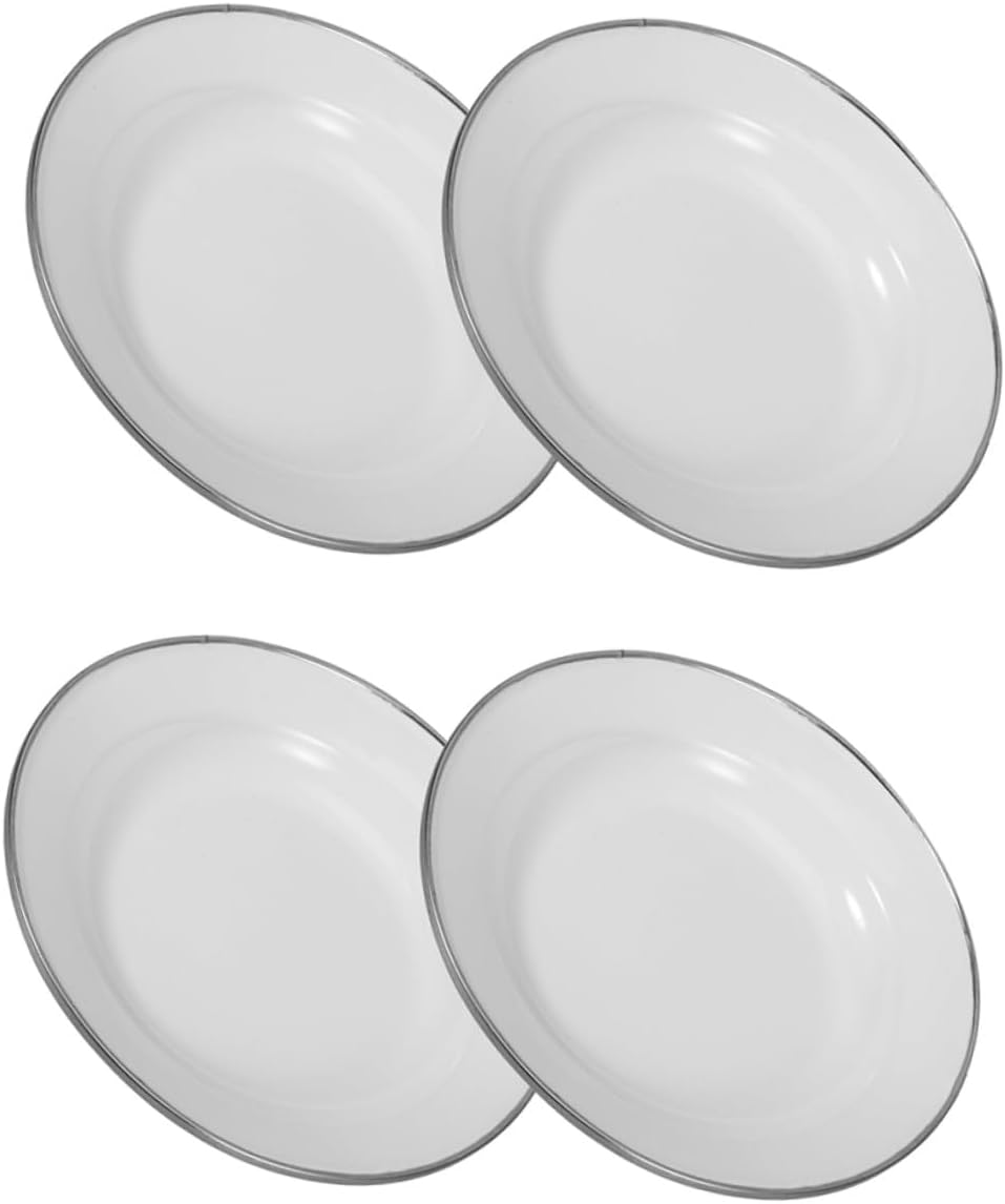 DOITOOL 4pcs Pure White 22cm Enamel Plates Retro Style Food Serving Plates Thickened Enameled Vintage Kitchen Dinnerware for Home and Camping