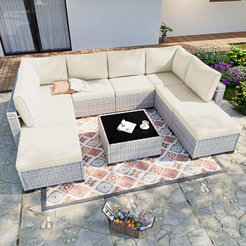 Image of Outdoor PE Wicker Rattan Modular Patio Sectional Sofa Set | 9-Piece: 6 Modular Seats, Coffee Table & 2 Ottomans, Ivory